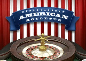 American Roulette - Bgaming. Red and white stripe baclground with roulette wheel int he centre.