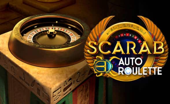 Scarab Auto Roulette Real Dealer Studio. Game cover. Black and gold.