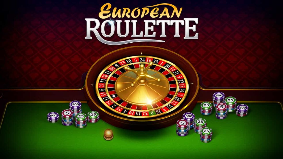 European Roulette Evoplay. Red background with roulette wheel in the centre.